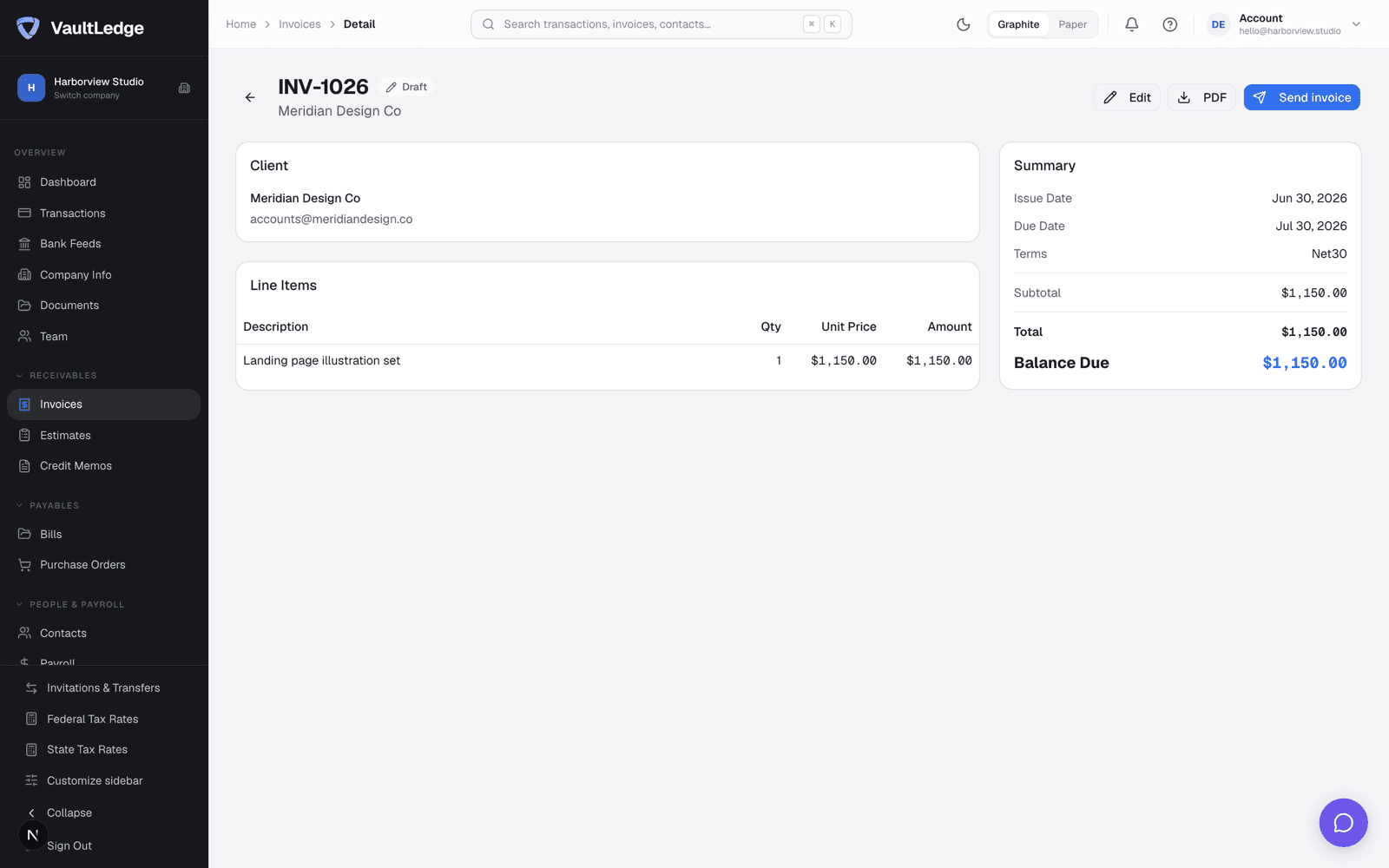 A paid VaultLedge invoice with line items, payment record, and an exact zero balance