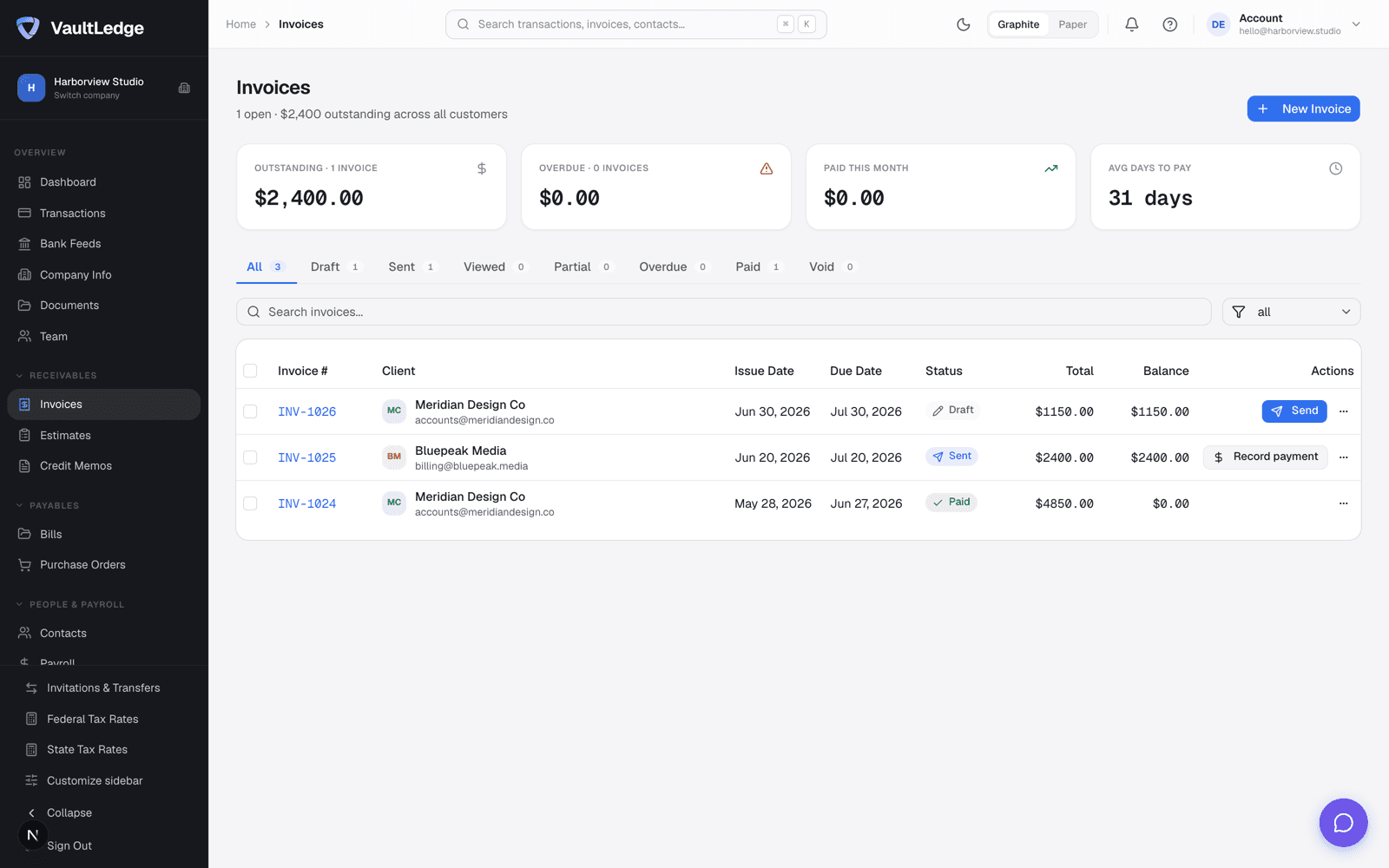 VaultLedge invoices list showing paid, sent, and draft invoices with totals and status chips
